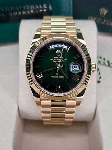 Rolex Day-Date 40 Green Ombre Roman Dial on President 228238 Complete 2025