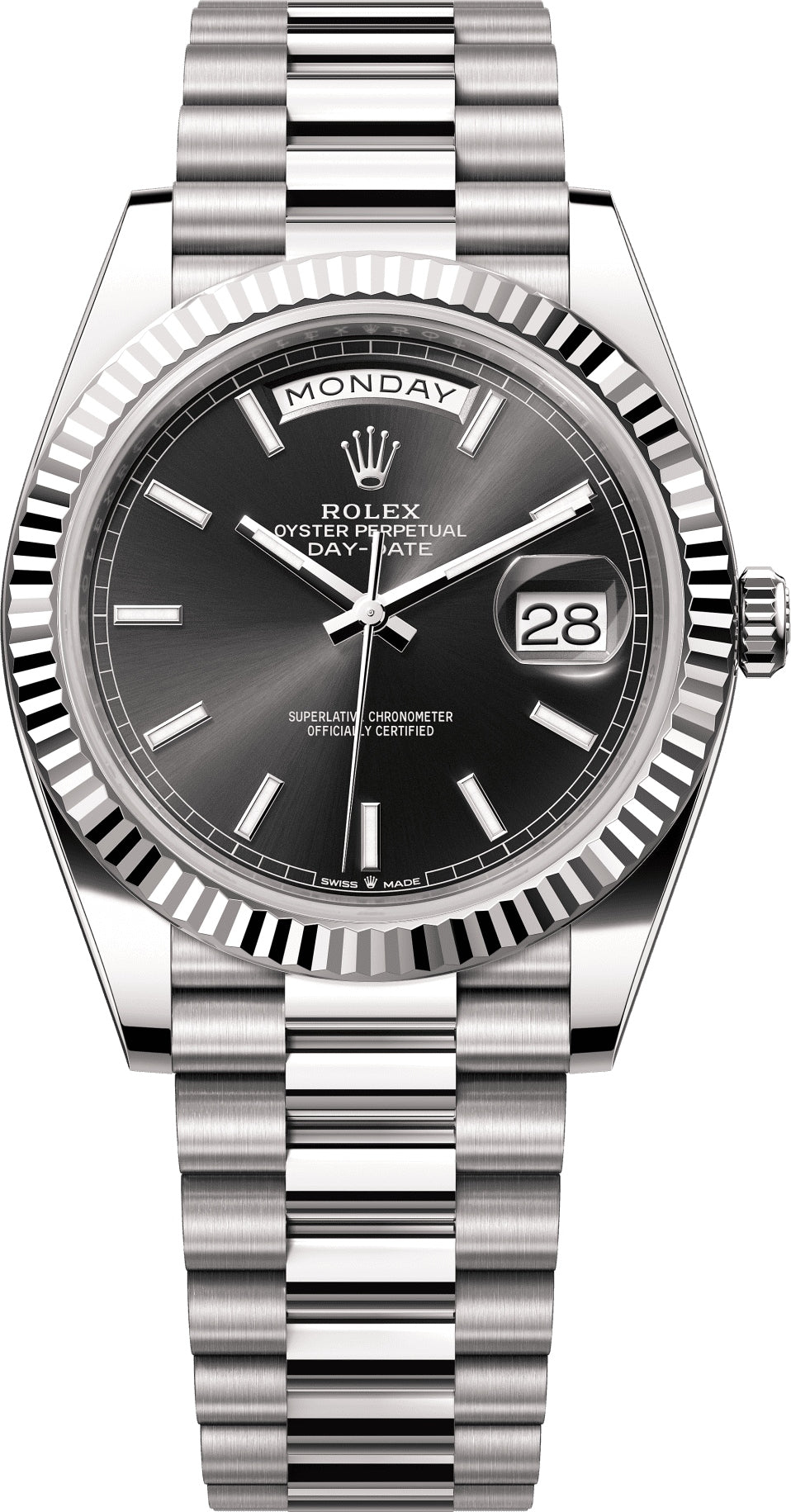 Rolex Day-Date 40 in 18 ct white gold bright black dial Fluted Bezel President Bracelet - 228239 | 2024 Model